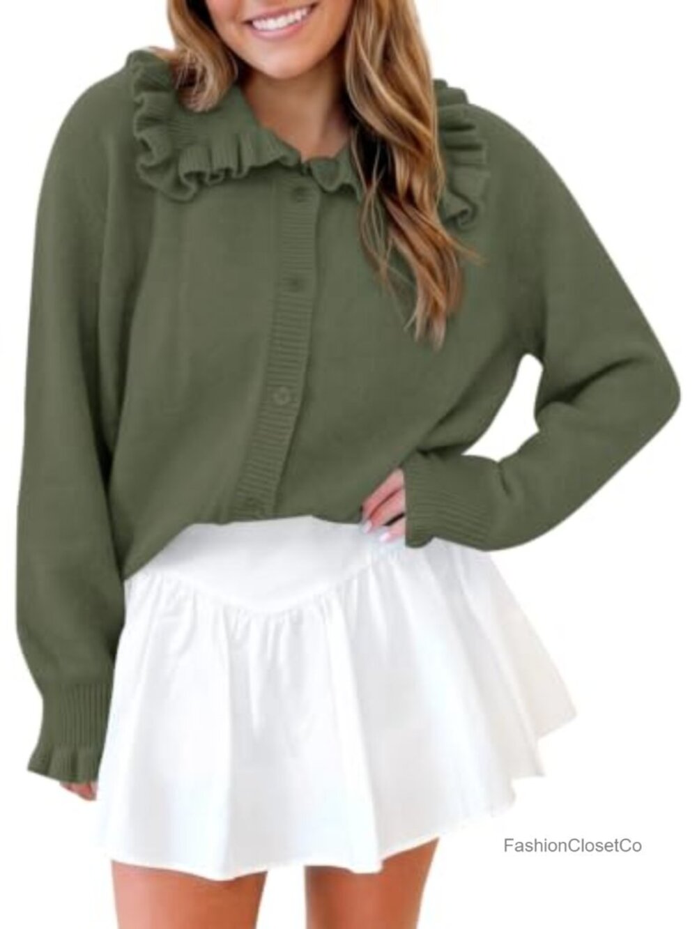 Ruffle Button Down Cardigan Sweater Knit Jacket Long Sleeve Open Front Fall